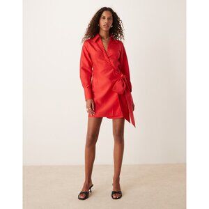 Ghospell Sister Jane Taffeta Wrap Mini Dress With Tie Waist & Long Sleeves M+